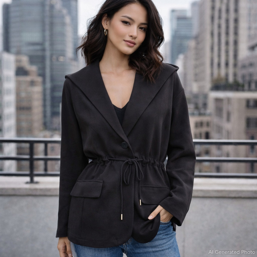 Hem & Thread Black Hooded Tie Waist Blazer Jacket Oversized Small NWT Office